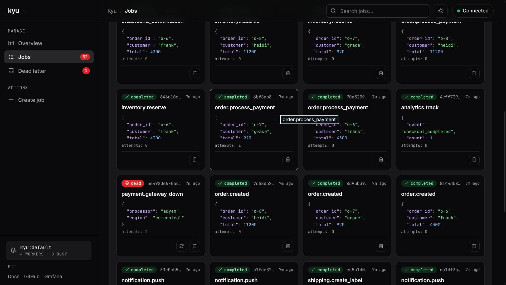 Kyu dashboard: queue depth, per-status job totals, worker state, and a live jobs stream
